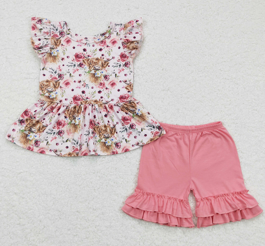 GSSO0133 Girls Alpine Cattle Pink Fly Sleeve Shorts Set