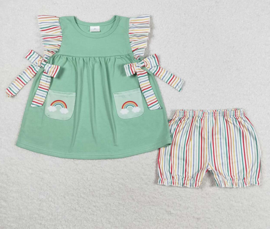 GSSO0596 Colorful Striped Lace Bowknot Rainbow Flying Sleeve Shorts Set