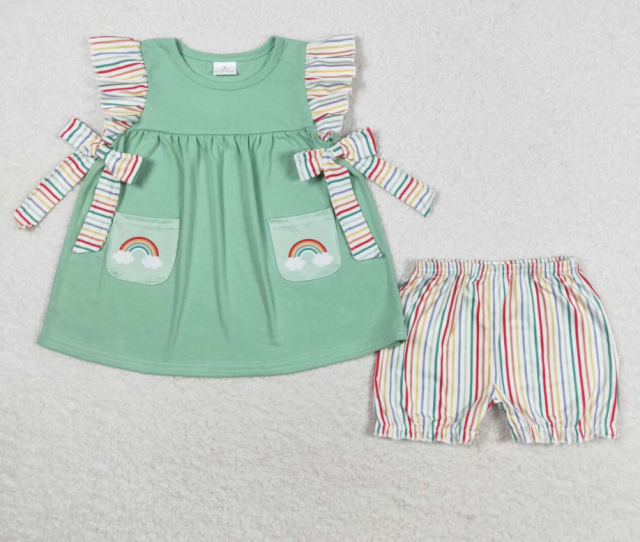 GSSO0596 Colorful Striped Lace Bowknot Rainbow Flying Sleeve Shorts Set