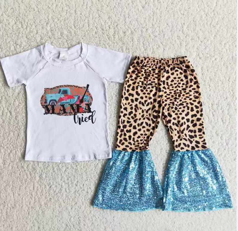 A6-11 Car White Short Sleeve Leopard Print Blue Sequin Pants