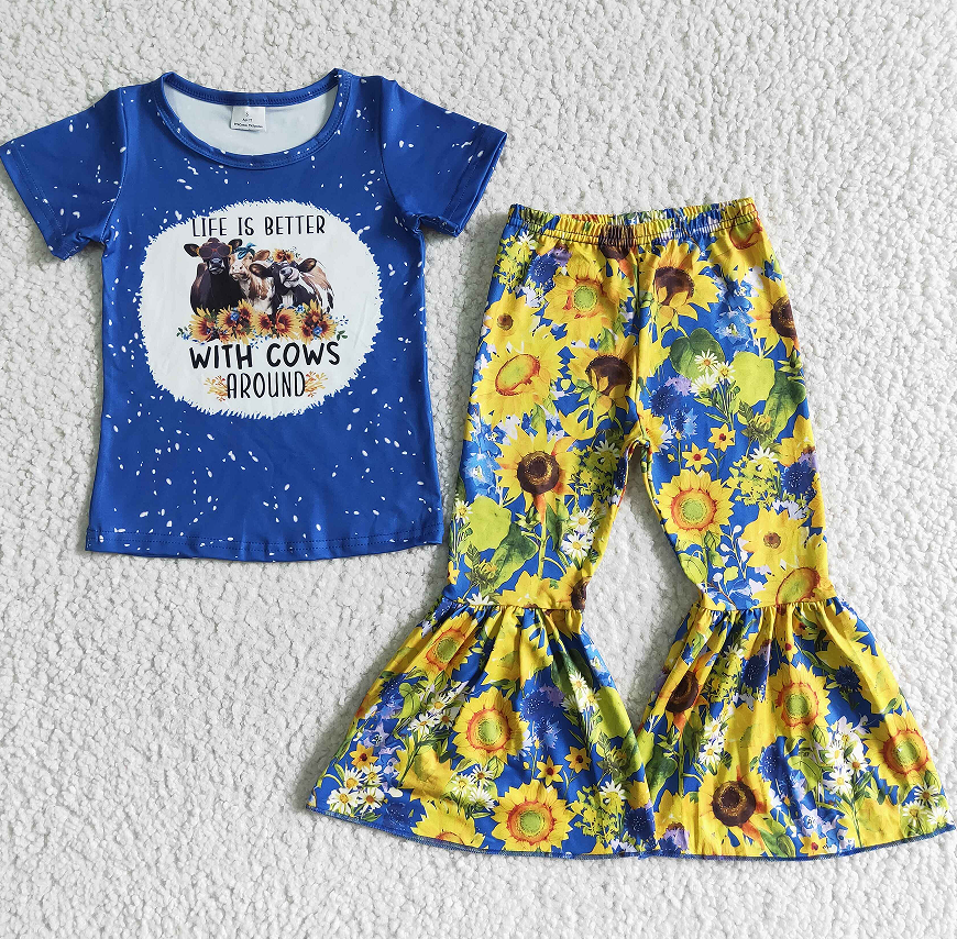 GSPO0071 Girls WITHCOWS Cow Sunflower Short Sleeve Pant Set