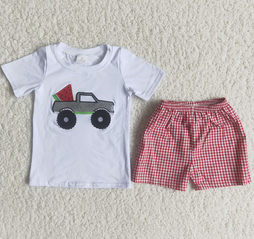 C15-3 Boys Watermelon Truck Red Check Woven Suit