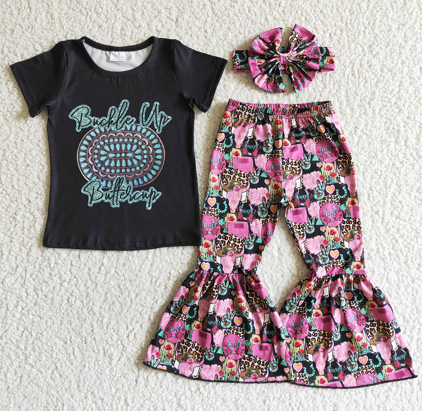 GSPO0039 Black Gem Short Sleeve Pink Flared Pants Suit