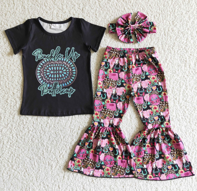 GSPO0039 Black Gem Short Sleeve Pink Flared Pants Suit