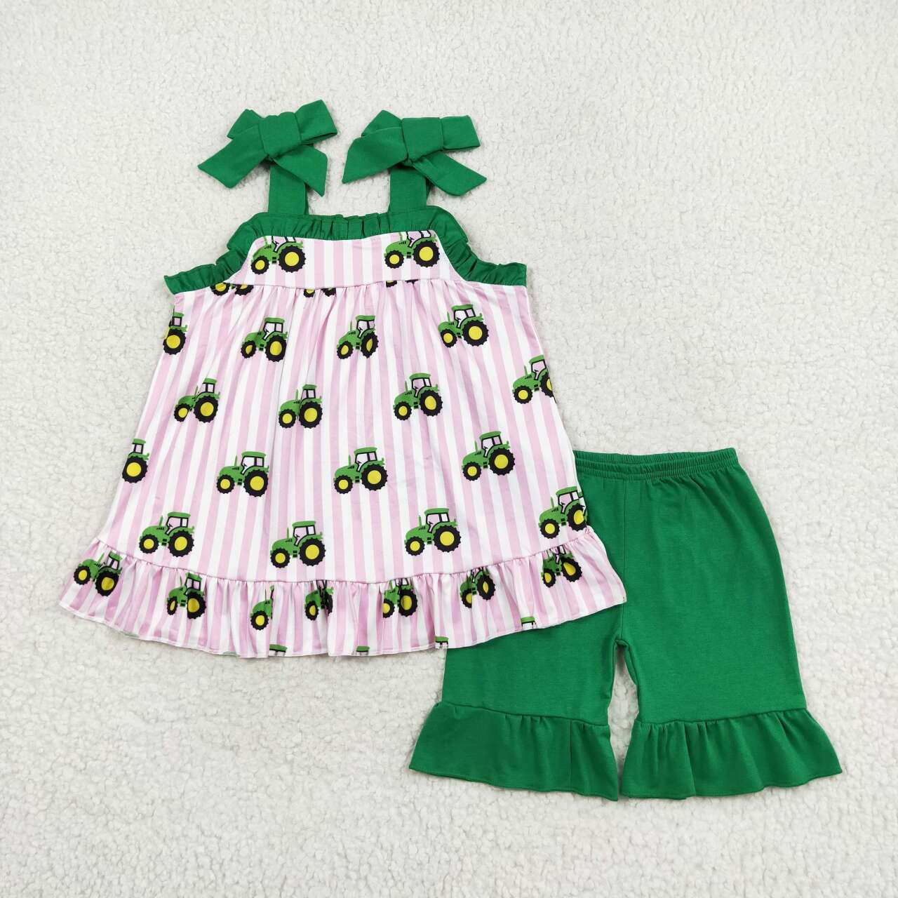 GSSO1222 Farm Tractor Pink Stripe Green Lace Overall Shorts Set