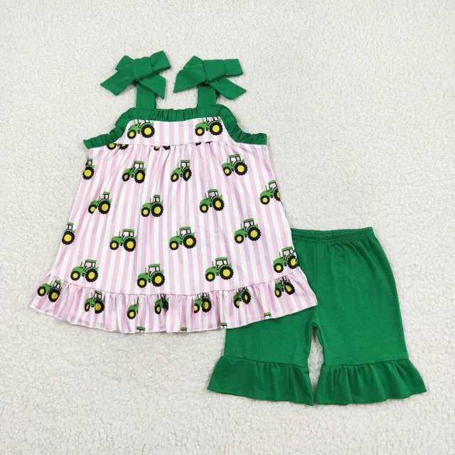 GSSO1222 Farm Tractor Pink Stripe Green Lace Overall Shorts Set
