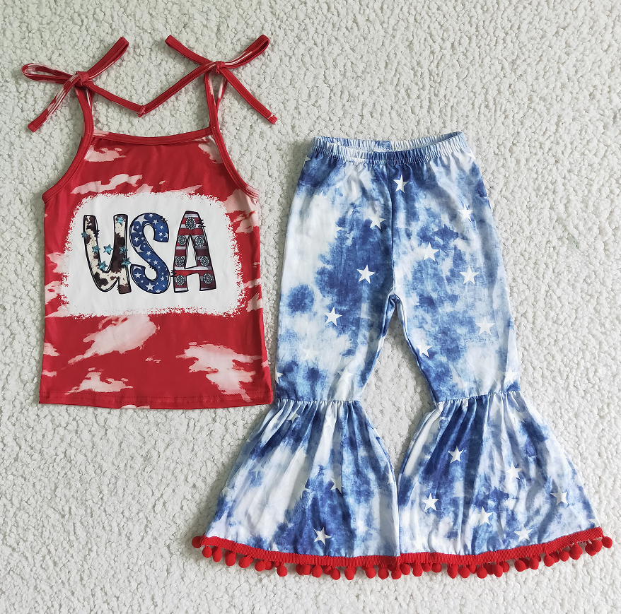 GSPO0068 Girls National Day USA Red Suspenders Pants Set