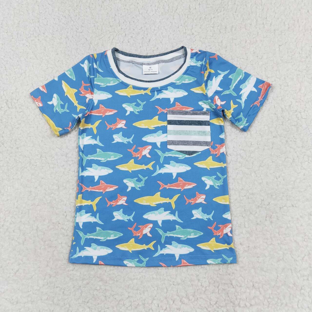 BT0667 Shark Stripe Pocket Blue Short Sleeve shirt