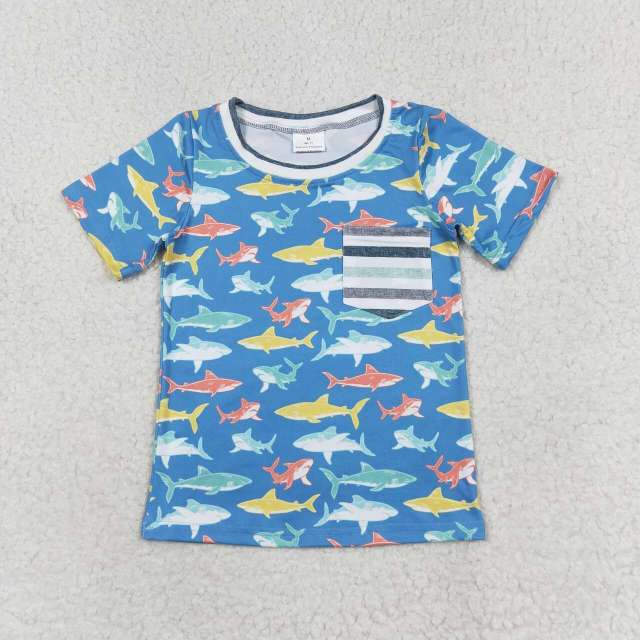 BT0667 Shark Stripe Pocket Blue Short Sleeve shirt