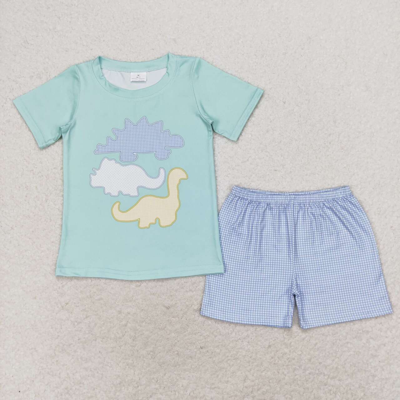 BSSO0920 Dinosaur Teal Short Sleeve Plaid Shorts Set