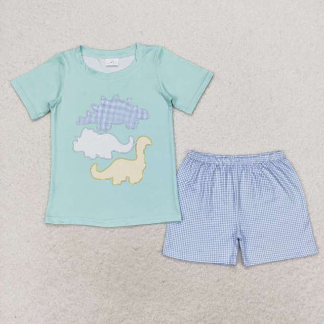 BSSO0920 Dinosaur Teal Short Sleeve Plaid Shorts Set