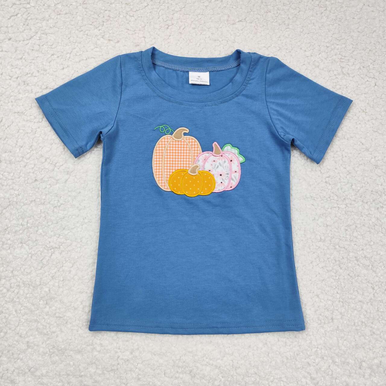 BT0675 Embroidered Plaid Pumpkin Blue Short Sleeve Top