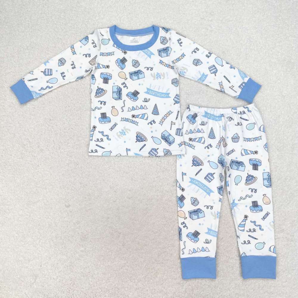 BLP0470 happy birthday birthday cake blue and white long-sleeved trousers pajamas set