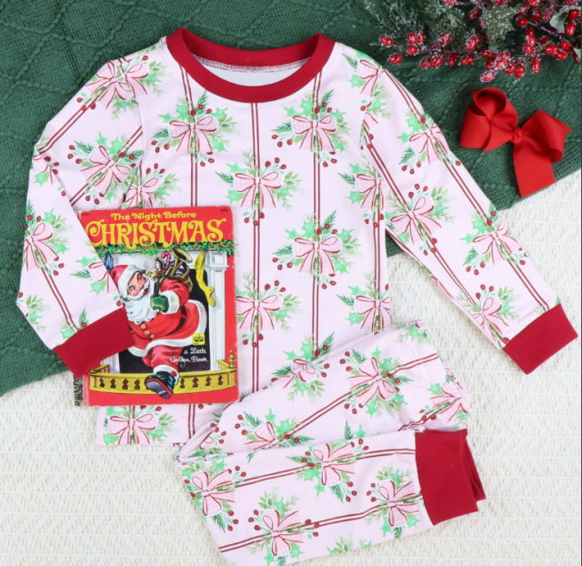 GLP1476 pre order  Pink bow pattern long-sleeved and long-pants pajama set