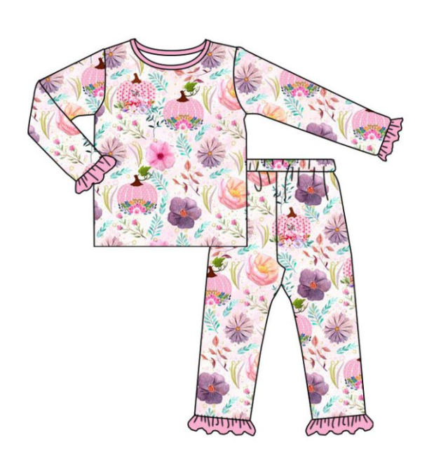 GLP1482 Floral Pumpkin Pink Lace Long Sleeve Long Pants Pajama Set