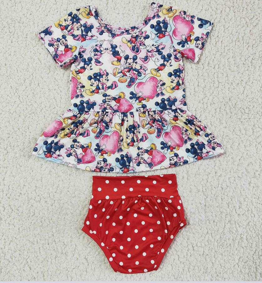 GBO0036 Girls short-sleeved red white dot bummies set