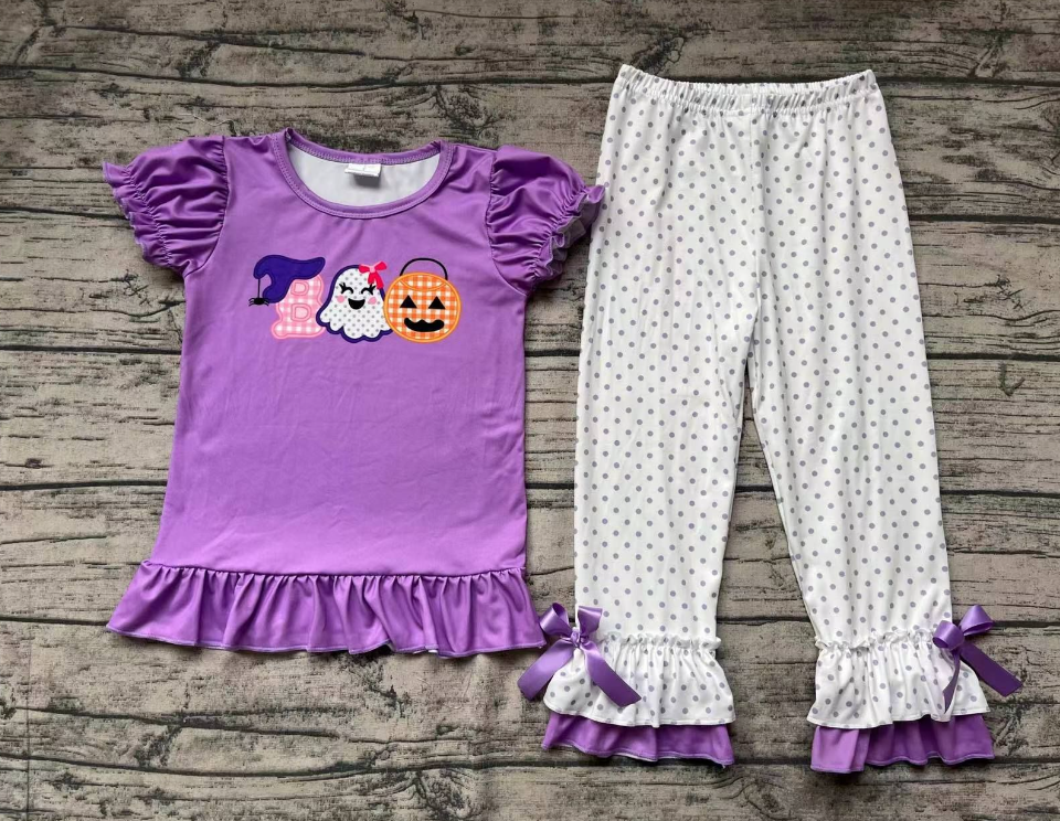 GSPO1647embroidery  boo ghost pumpkin purple short-sleeved polka dot plaid trousers set