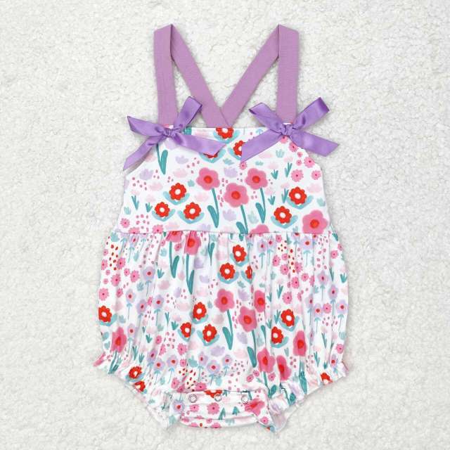 SR1417 Floral Purple Lace Bowknot romper