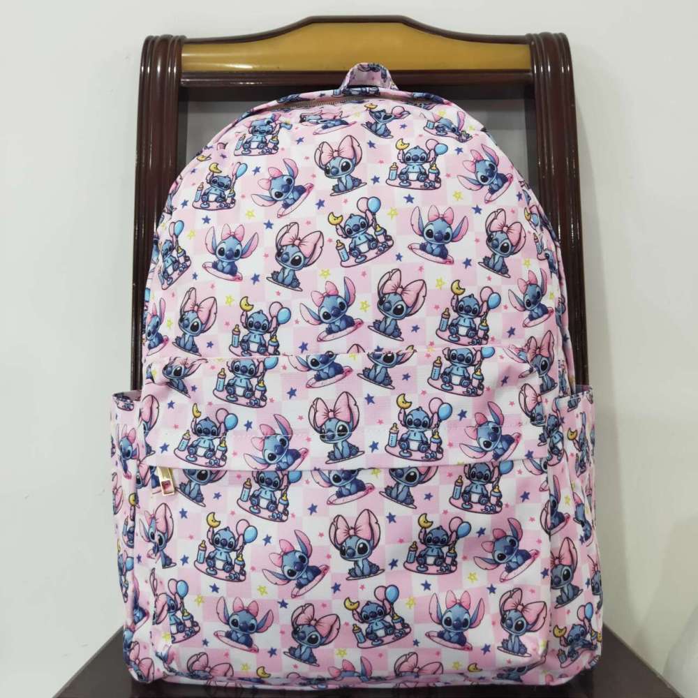 BA0182 Stitch Star Pink and White Plaid Backpack