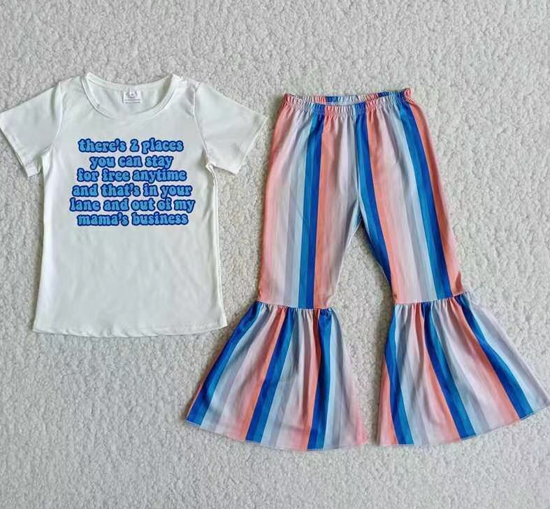 D10-15 Lettering Short Sleeve Multicolor Striped Flared Pants