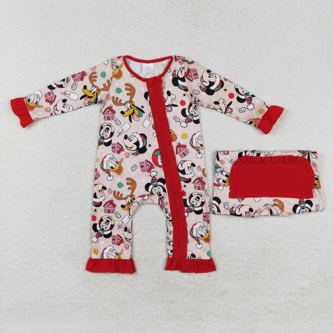 LR1334 Mickey Donald Duck Christmas Red Lace Zipper Long Sleeve romper