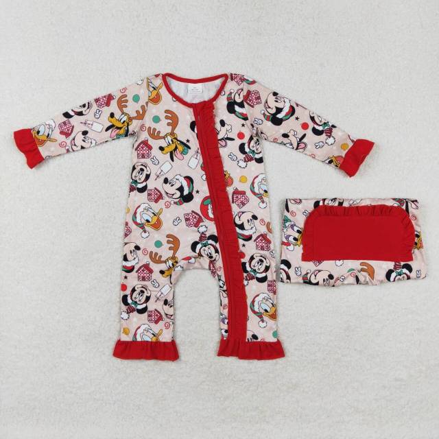 LR1334 Mickey Donald Duck Christmas Red Lace Zipper Long Sleeve romper