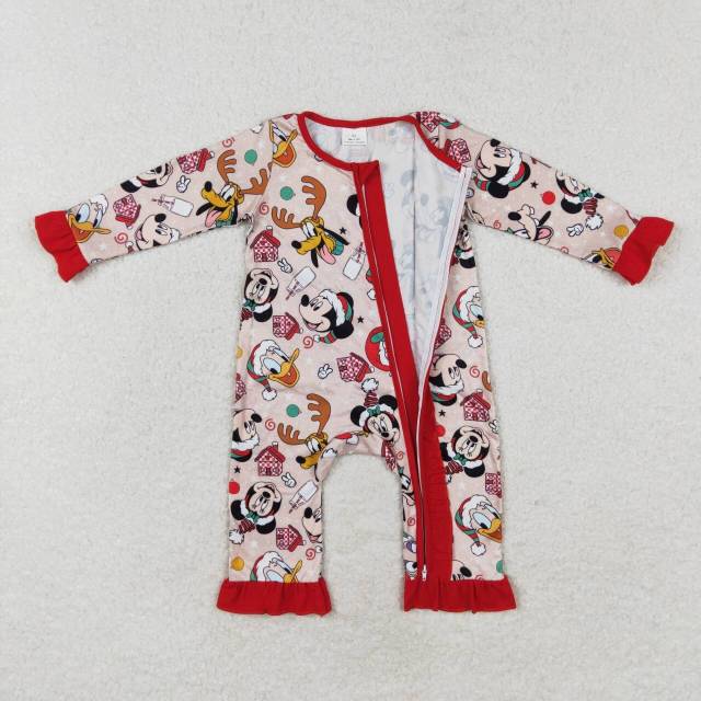 LR1334 Mickey Donald Duck Christmas Red Lace Zipper Long Sleeve romper