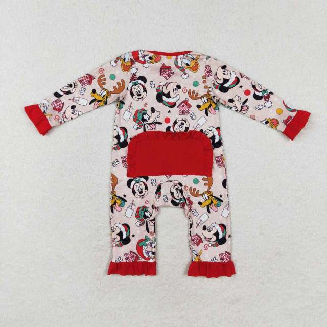 LR1334 Mickey Donald Duck Christmas Red Lace Zipper Long Sleeve romper