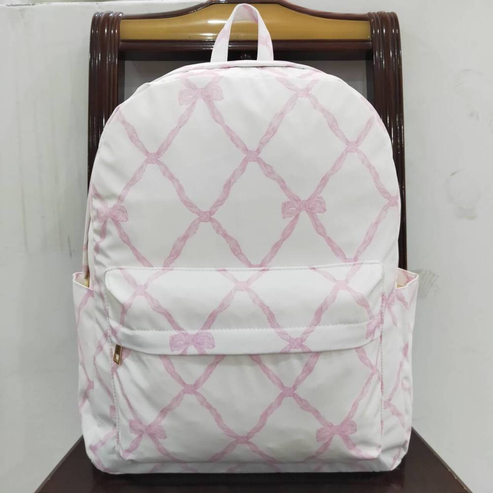BA0213 Pink and white backpack with bow pattern