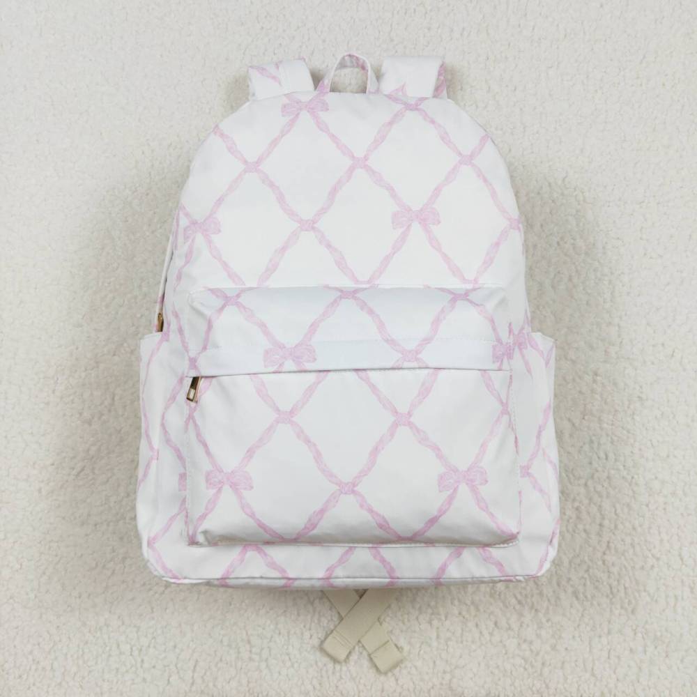 BA0213 Pink and white backpack with bow pattern