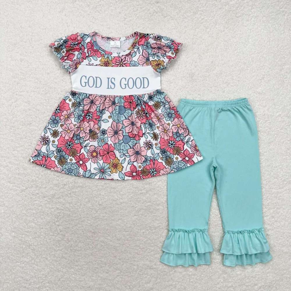 GSPO1658 god is good flower beige short-sleeved teal trousers suit