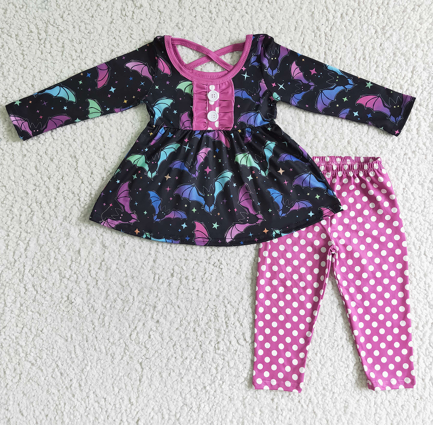 GLP0042 Girls Halloween Bat Long Sleeve Pants Suit