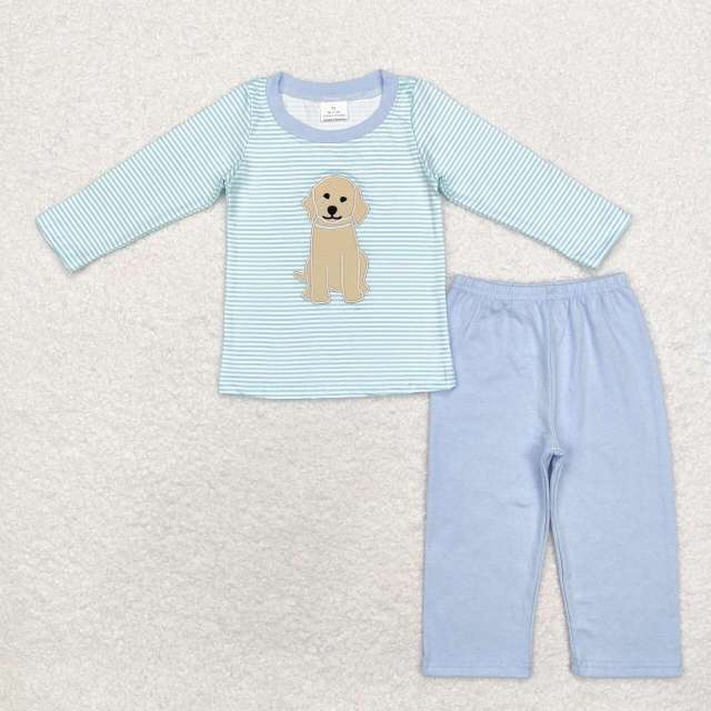 BLP0592 Embroidered Puppy Stripe Long Sleeve Blue Pant Set