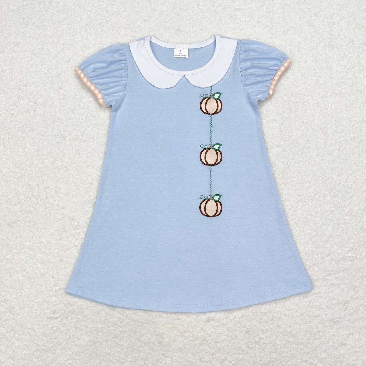 GSD1257 Embroidered Pumpkin Collar Blue Short Sleeve Dress