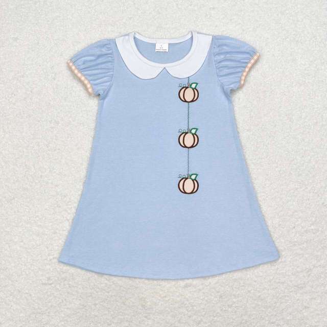 GSD1257 Embroidered Pumpkin Collar Blue Short Sleeve Dress