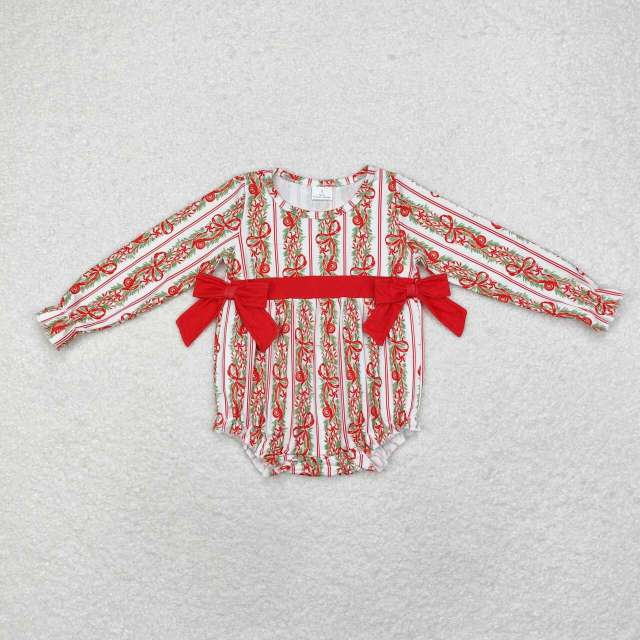 LR1303 Christmas Bow Pattern Red Bow Long Sleeve romper
