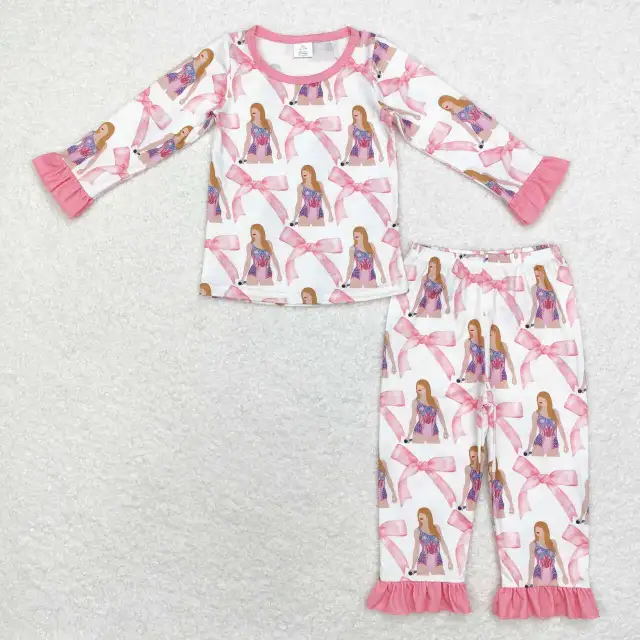 GLP1606 bamboo  Taylor bow pattern pink lace white long-sleeved trousers pajama set