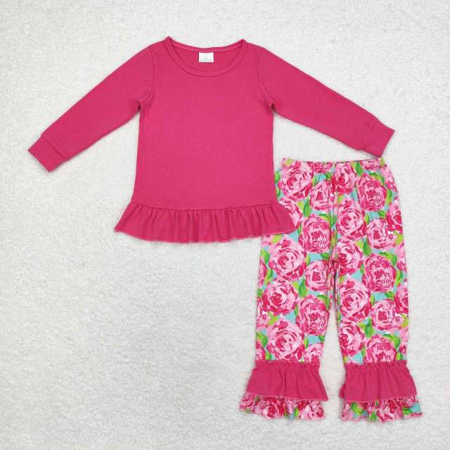 GLP1462 Solid Rose Red Long Sleeve Floral Trousers Set