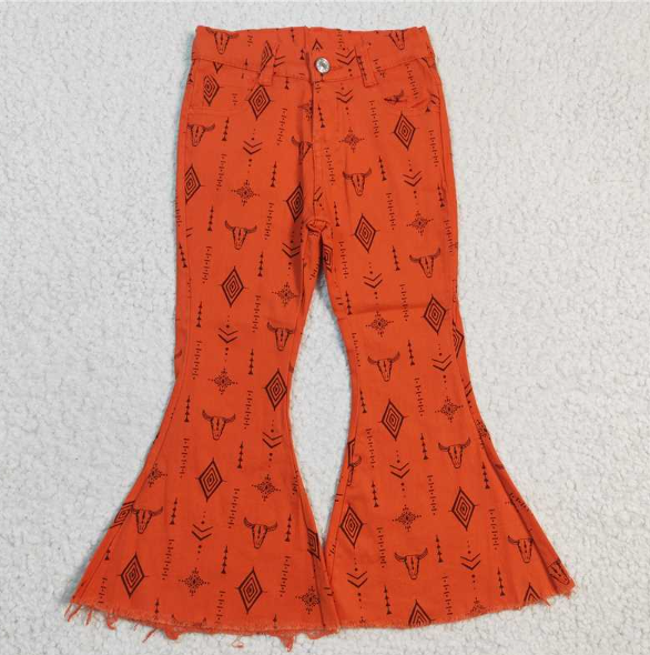 P0045 Orange denim trousers with bull head geometric pattern
