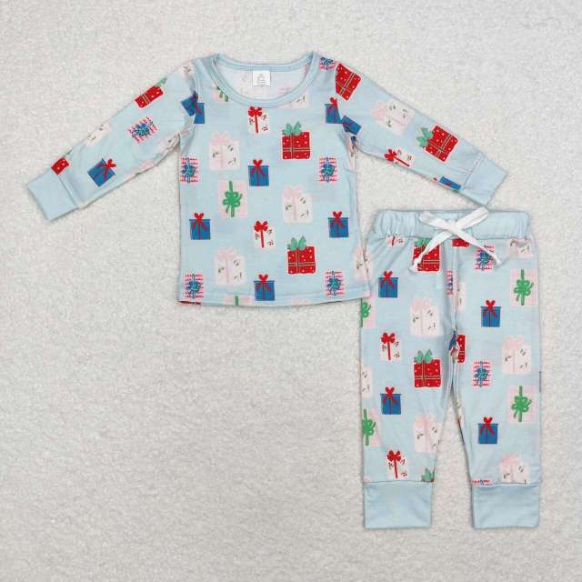 BLP0716 bamboo Christmas gift teal long sleeve and long pants pajama set