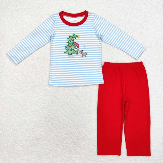 BLP0772 Embroidered Christmas Tree Puppy Blue Striped Long Sleeve Top Red Pants Set