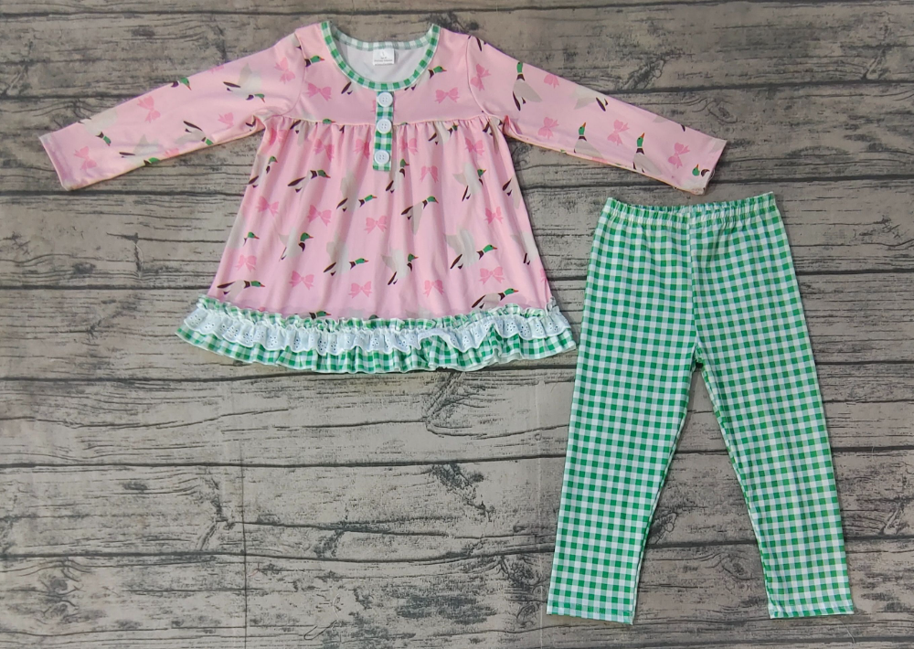 GLP1753 pre order Duck bow pattern green plaid lace pink long-sleeved trousers suit