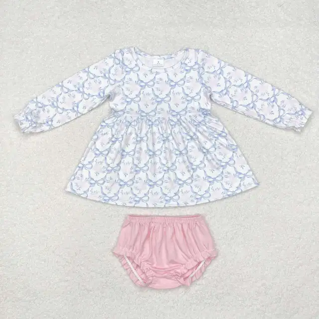 GBO0426 White long-sleeved pink bummies  set with flower and bow pattern