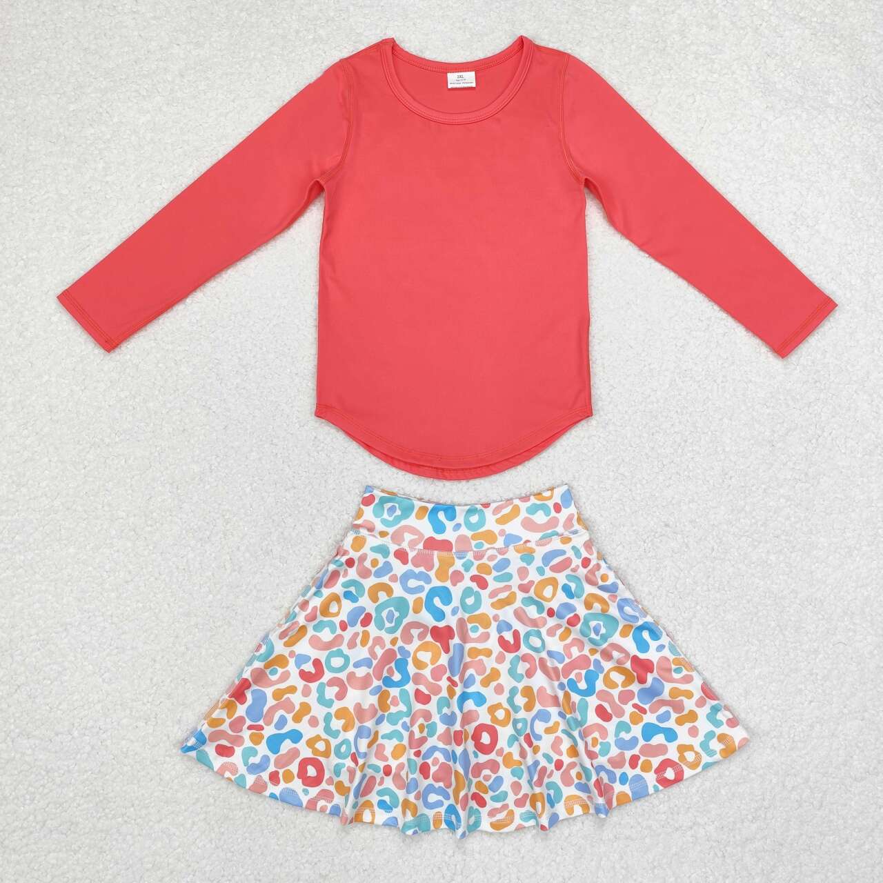 GT0643 Coral Red Solid Long Sleeve Top+GLK0026 Yoga Colorful Leopard Skirt