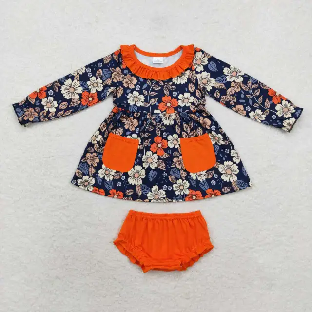 GT0691 Floral Orange Lace Pocket Navy Blue Long Sleeve bummies set