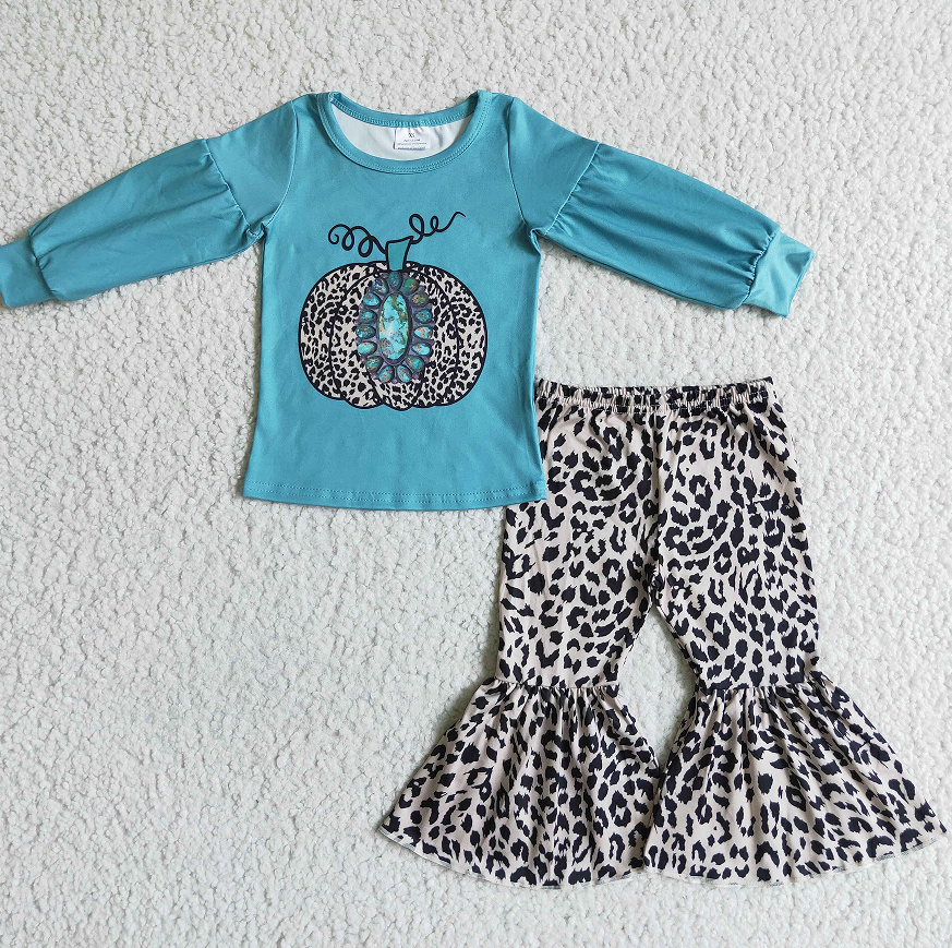 GLP0070  Girls Leopard Print Pumpkin Gem Long Sleeve Pant Suit