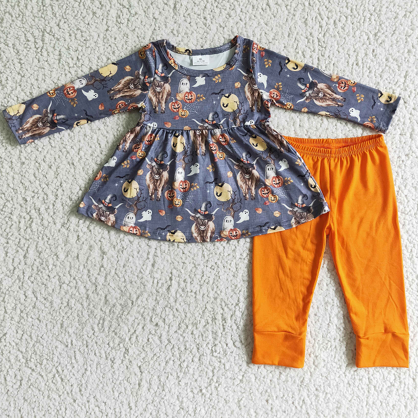 GLP0112 Girls Alpine Cow Pumpkin Long Sleeve Pant Suit