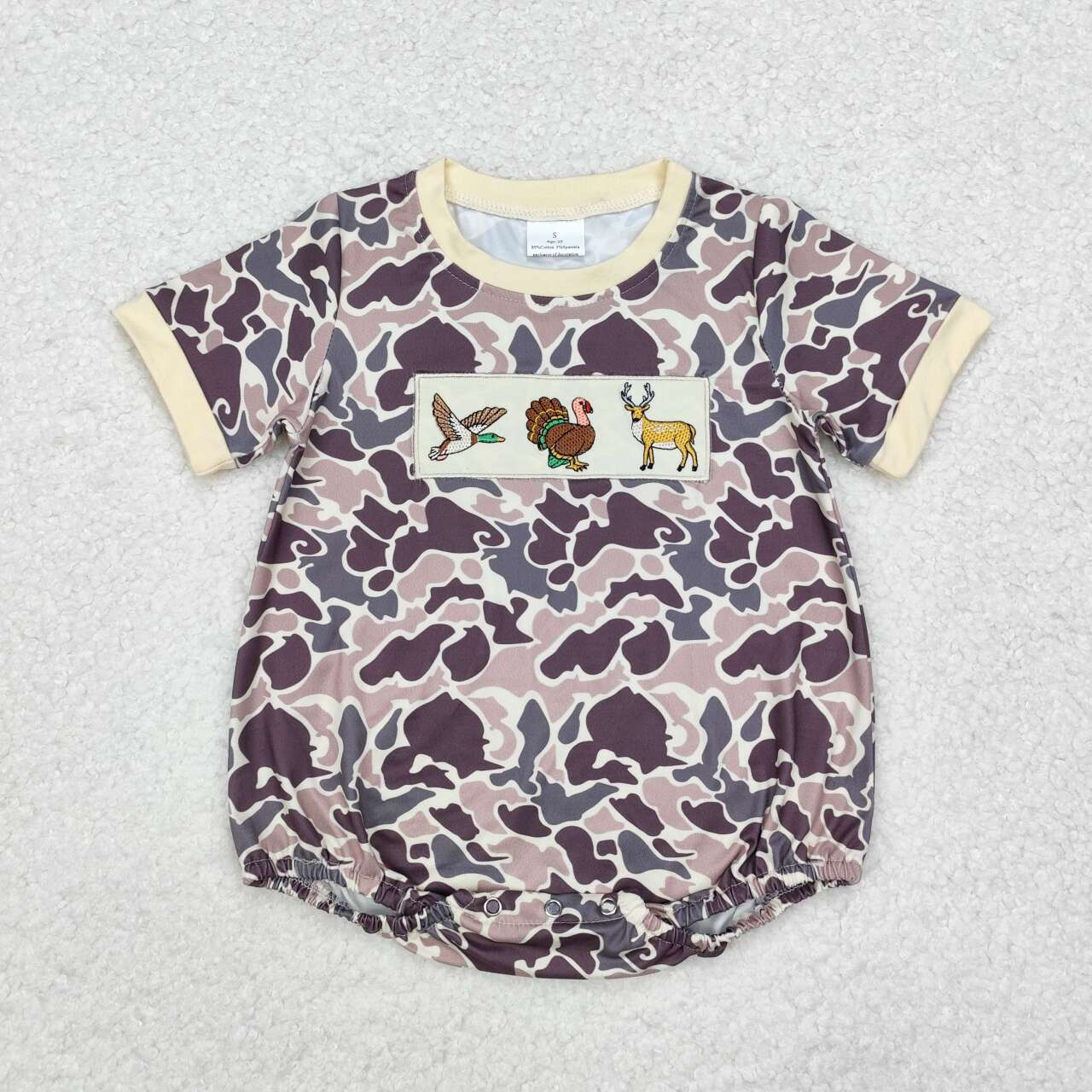 SR1902 Embroidered duck turkey deer camouflage short sleeve romper