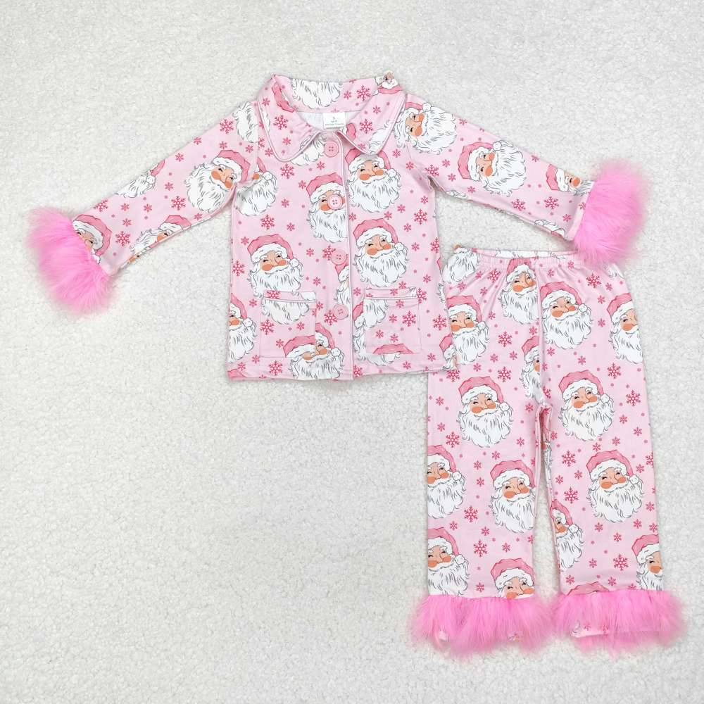 GLP2092 pre order Santa Claus Pink Plaid Plush Edge Long Sleeve Long Pants Pajama Set
