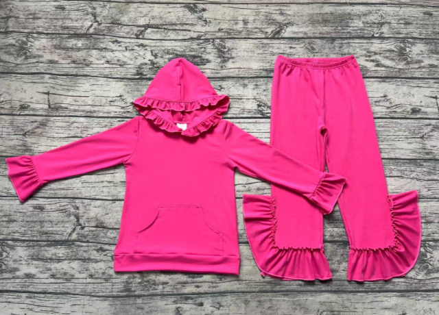 GLP2061 pre order Solid rose red lace hooded long-sleeved trousers suit